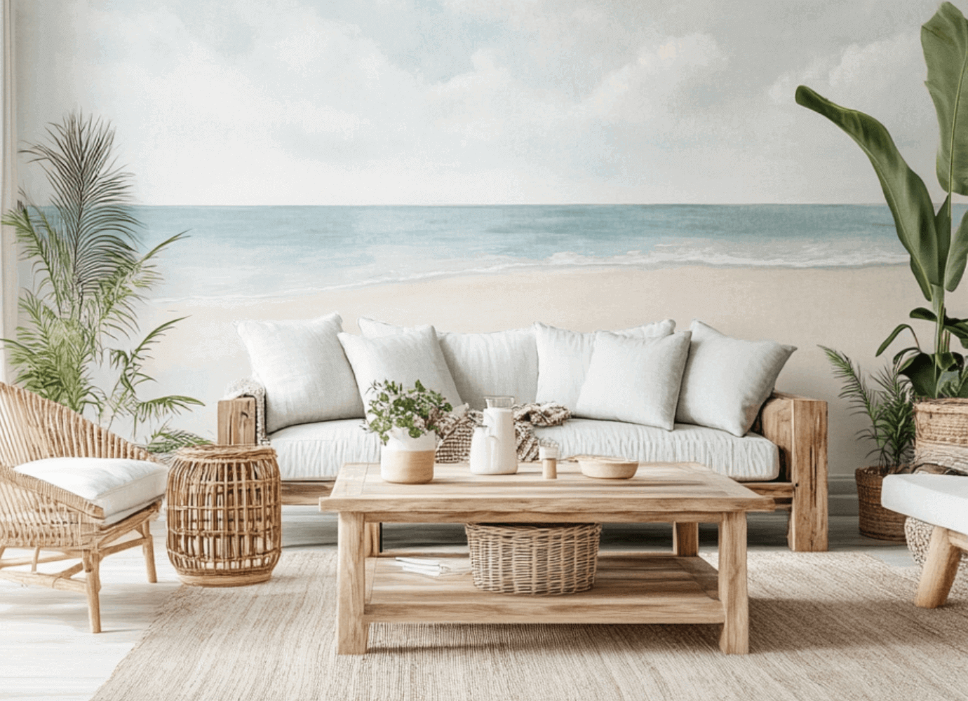 Ein Wohnzimmer im Küstenthema mit einer großen Wandmalerei am Strand, Holzmöbeln, Rattan-Akzenten, neutralen Tönen und Zimmerpflanzen, die eine entspannte tropische Atmosphäre schaffen.