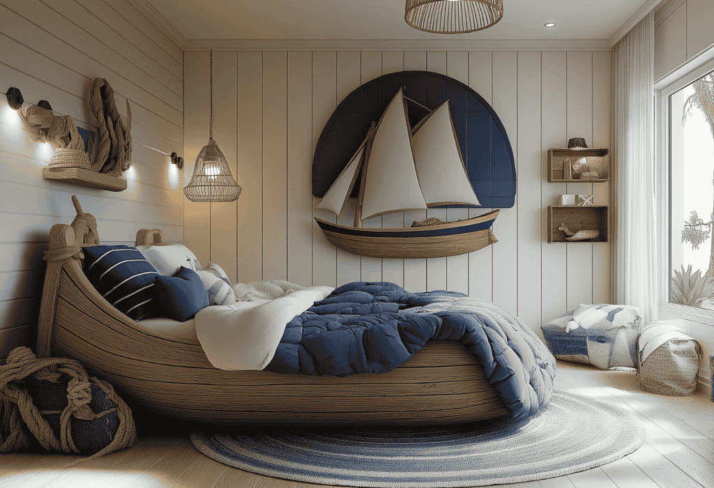 Maritimes Schlafzimmer mit Holzbett in Bootsform, blauer Bettwäsche und Segelboot-Wandmalerei auf weiß getäfelten Wänden.
