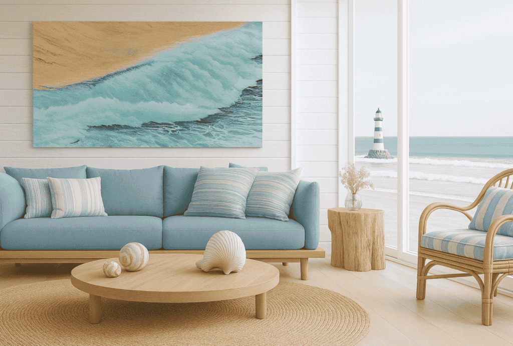 Wohnzimmer in einem Strandhaus mit einem großen Gemälde mit Meereswellen, einem pastellblauen Sofa, gestreiften Kissen, einem runden Holztisch und einem malerischen Fenster mit Blick auf einen Leuchtturm am Meer.