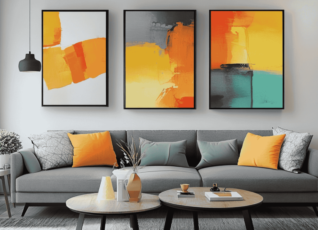 Modernes Wohnzimmer mit einem grauen Sofa, orangefarbenen und grauen Kissen und drei abstrakten Gemälden in Orange, Gelb und Grüntönen