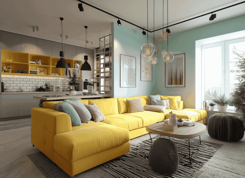 Helles Wohnzimmer mit einem gelben Sektionssofa, gläsernen Pendelleuchten und einem Couchtisch aus Holz, ergänzt durch bunte Kissen und Pflanzen.