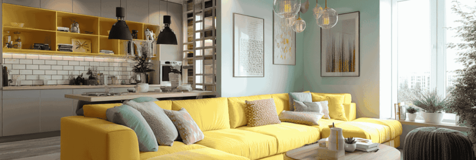 Helles Wohnzimmer mit einem gelben Sektionssofa, gläsernen Pendelleuchten und einem Couchtisch aus Holz, ergänzt durch bunte Kissen und Pflanzen.