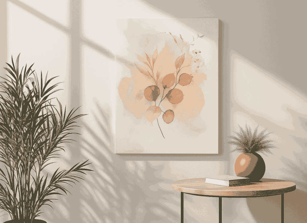 Sanfte botanische Kunst auf einer weißen Leinwand, die über einem runden Holztisch mit einer Topfpflanze und einem Buch in einem gut beleuchteten modernen Raum angebracht ist.