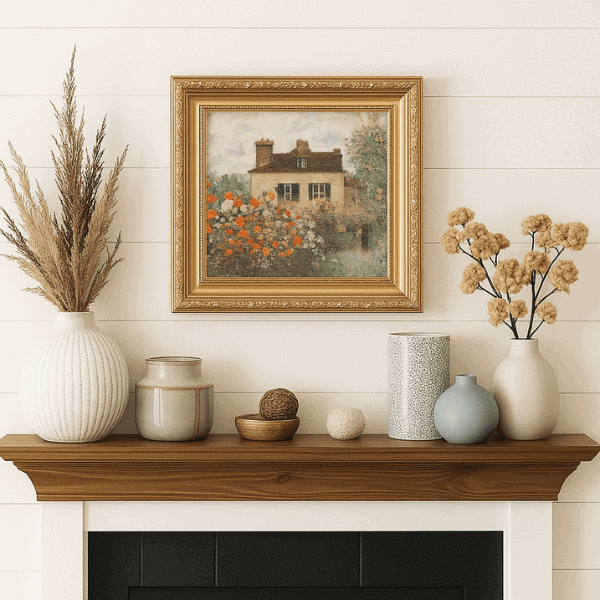 Blumengemälde im Vintage-Stil mit einem rustikalen Kaminsims: „Golden gerahmtes Vintage-Blumengemälde eines Hauses, umgeben von orangefarbenen Blumen, das über einem rustikalen Holzmantel mit Vasen und dekorativen Kugeln ausgestellt ist.“