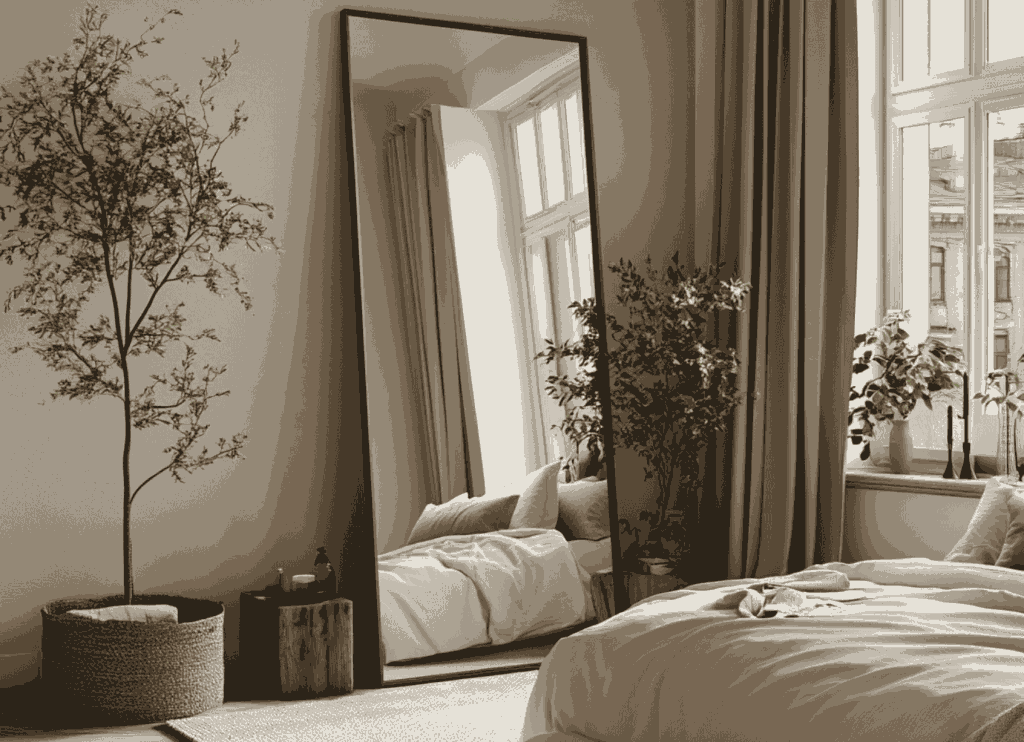Stilvolles Schlafzimmer mit übergroßem Bodenspiegel, einem gemütlichen Bett mit weißer Bettwäsche, Pflanzen in geflochtenen Körben und natürlichem Licht, das durch große Fenster einfällt