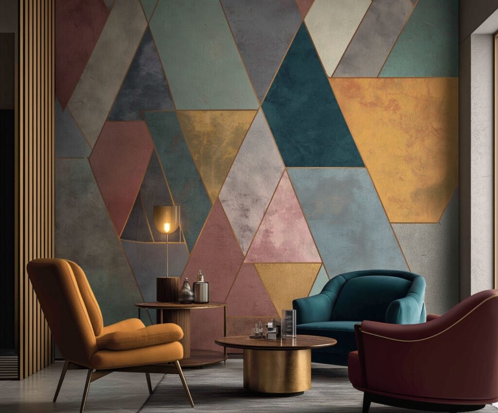 Ein mutiges und modernes Wohnzimmer mit einer geometrischen Tapete mit sich überlappenden Dreiecken in satten, stimmungsvollen Farbtönen für einen