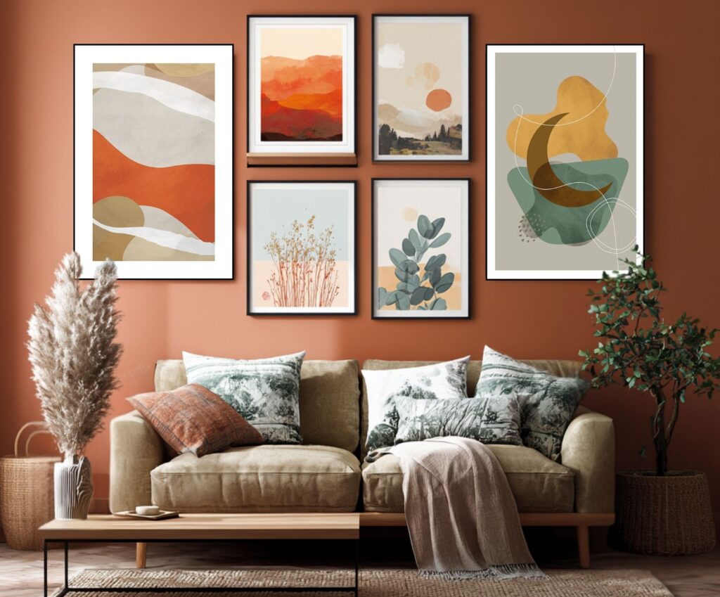 Gemütliches Wohnzimmer mit beigem Sofa, orangefarbener Wand und gerahmten botanischen Kunstwerken