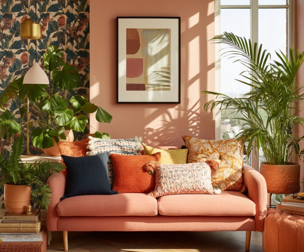Tropisch-modernes Wohnzimmer mit pfirsichfarbenem Sofa, bunten Kissen, abstrakter Wandkunst und grünen Pflanzen
