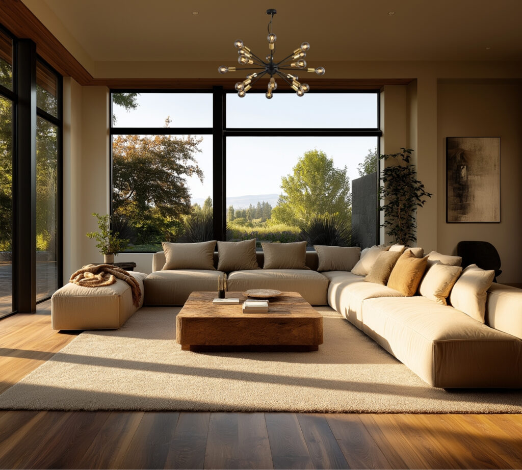 Wohnzimmer mit großen Fenstern und Deckenleuchte – stilvolles Interieur