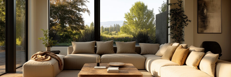 Wohnzimmer mit großen Fenstern und Deckenleuchte – stilvolles Interieur