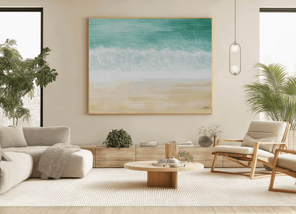 Helles Wohnzimmer mit großem Wandbild und moderner Hängeleuchte