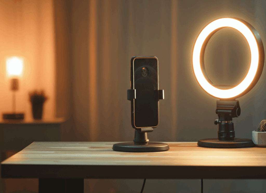 Schreibtisch mit Ringlampe – perfekte Beleuchtung für Content-Erstellung