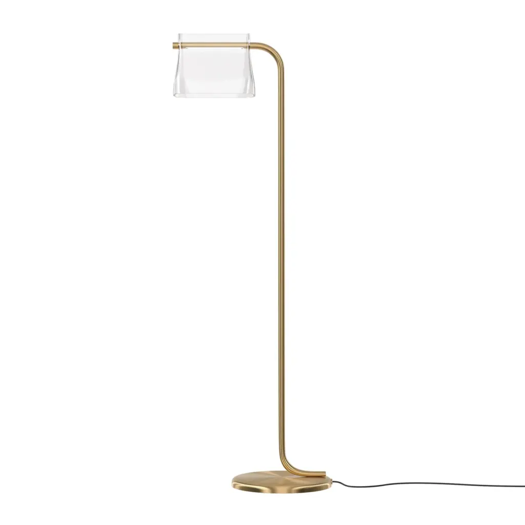 Goldene Stehlampe mit Glaselement – elegante Beleuchtung für Wohnzimmer oder Büro