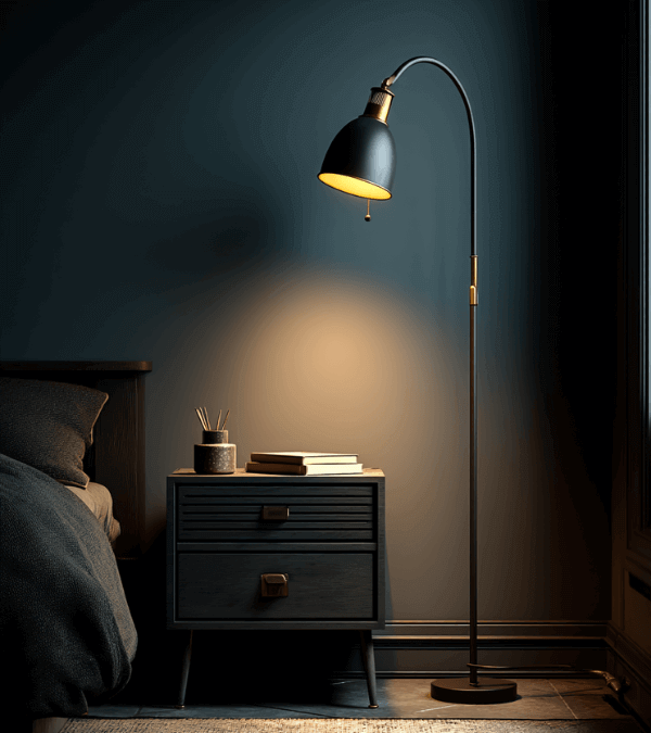 Schwarze Stehlampe mit verstellbarem Arm – klassische Leseleuchte fürs Schlafzimmer
