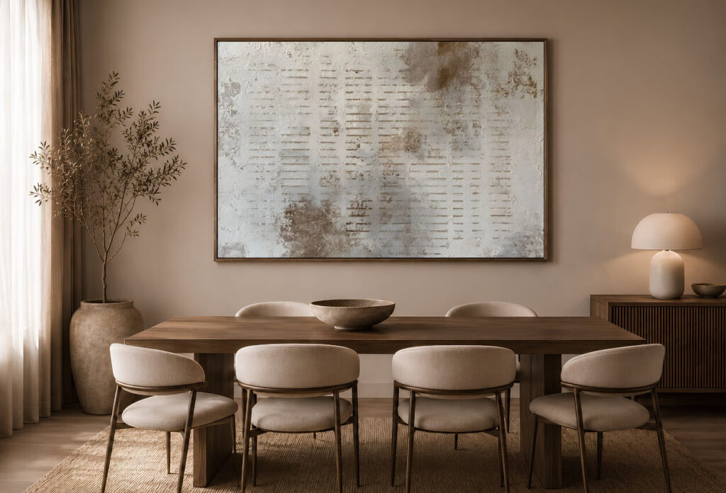 Gemütliches Esszimmer mit einem großen, strukturierten abstrakten Kunstwerk über einem Holztisch.