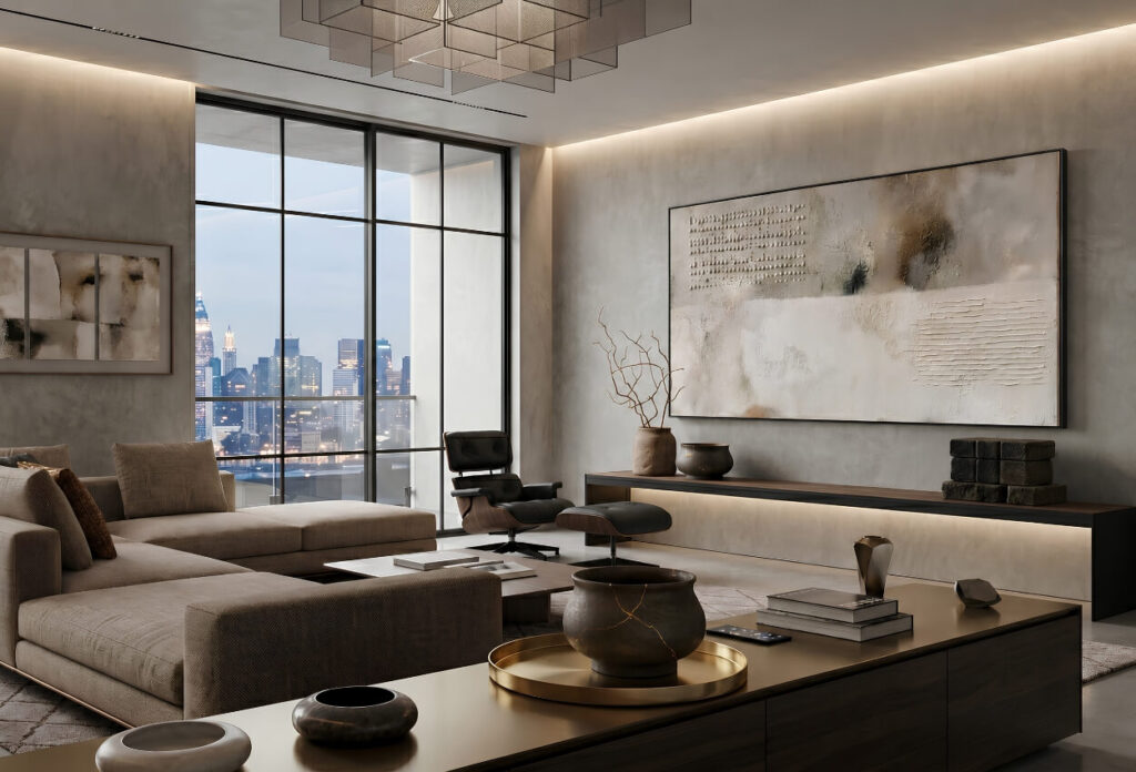 Ein großes, horizontales abstraktes Gemälde an einer strukturierten Wand in einem luxuriösen, modernen Wohnzimmer mit Blick auf eine nächtliche Stadtskyline.