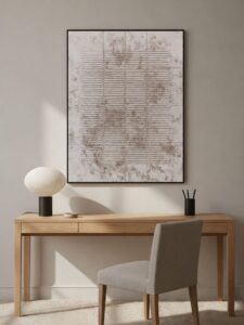 Minimalistisches Homeoffice mit vertikalen, strukturierten Linienzeichnungen über einem Holzschreibtisch.