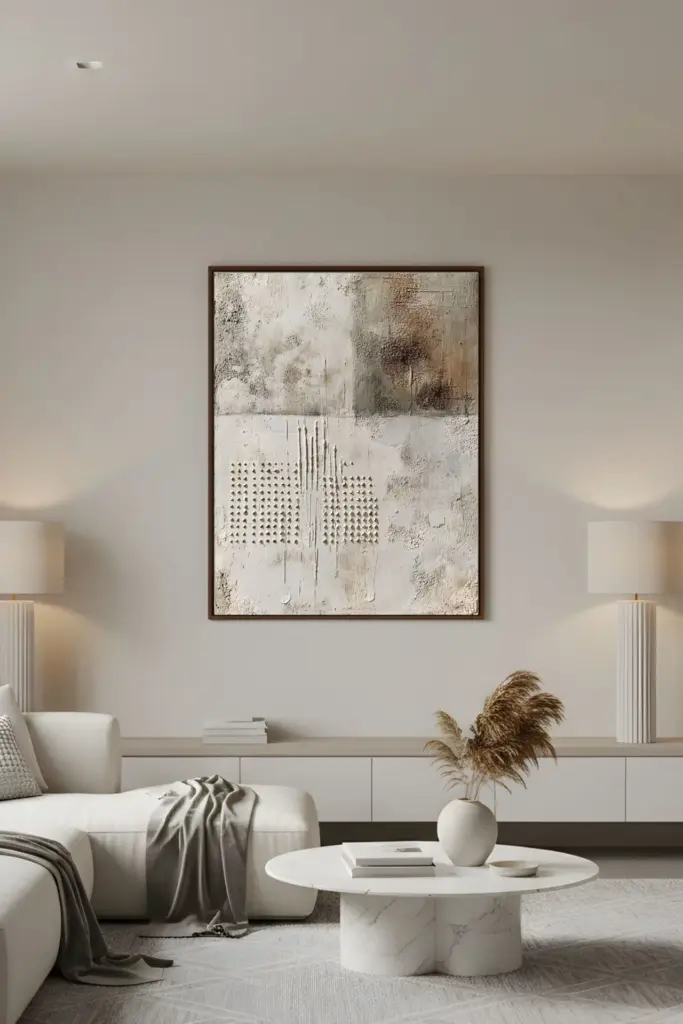 Schlichtes, in neutralen Farbtönen gehaltenes Schlafzimmer mit einem abstrakten Kunstwerk mit Struktur über dem Bett.