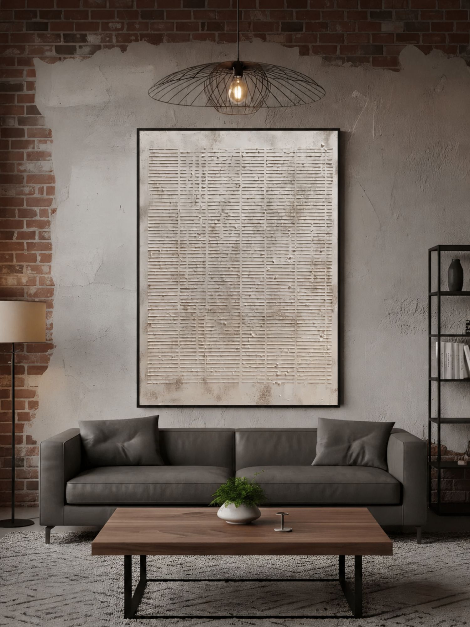 Wohnzimmer im Industrial-Stil mit vertikal angeordneten, strukturierten abstrakten Kunstwerken über einem grauen Sofa.