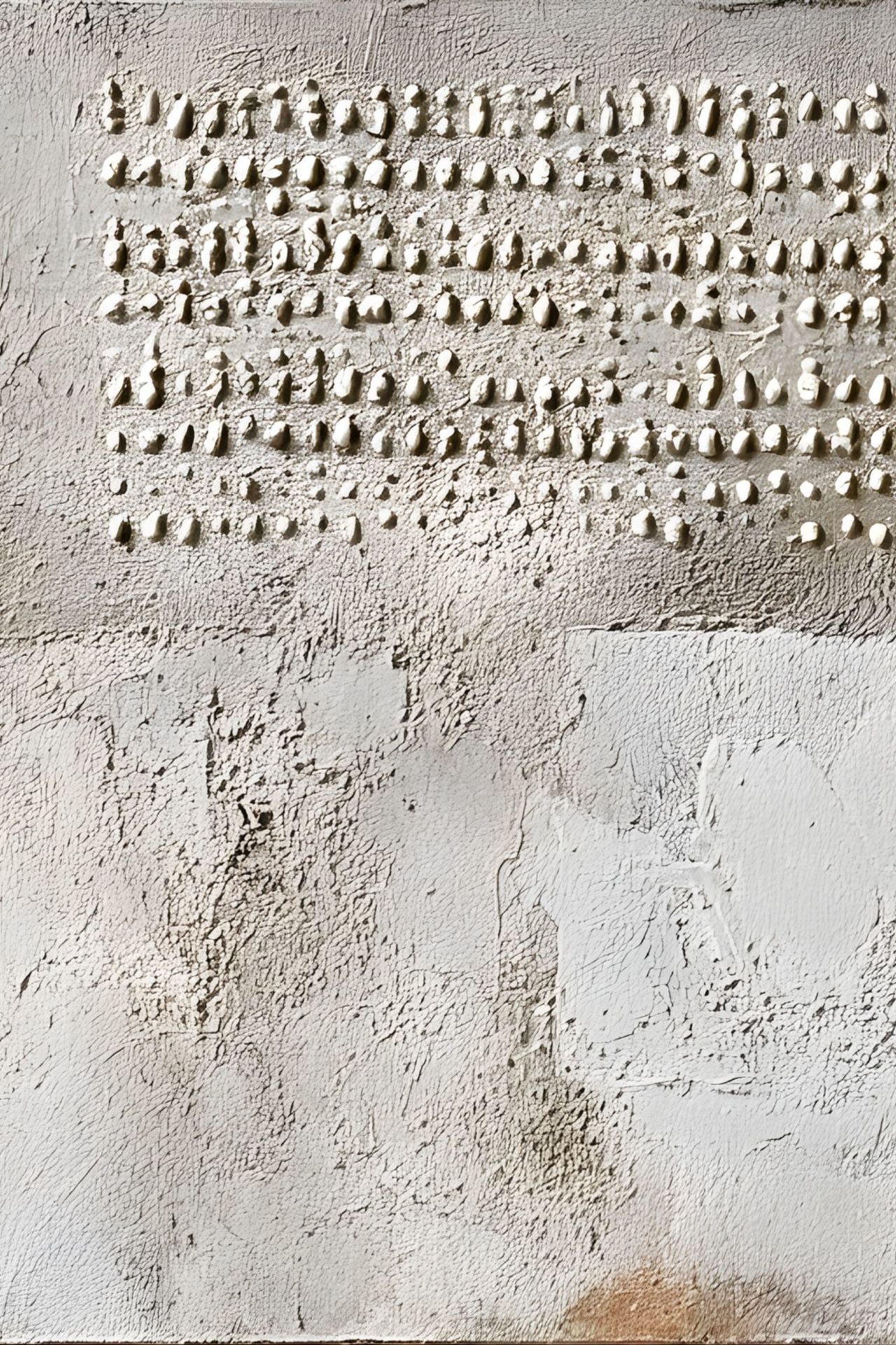 Nahaufnahme eines strukturierten abstrakten Kunstwerks in neutralen Farbtönen mit dunklen Akzenten.