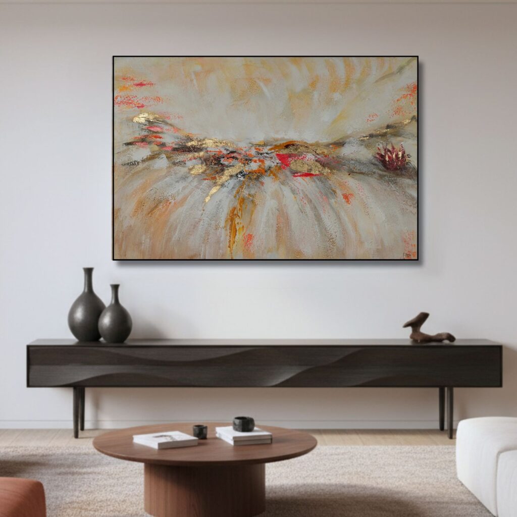 Abstrakte Wanddekoration aus Goldmetall mit von Schallwellen inspiriertem Design, moderne Kunst für Ess- oder Wohnzimmer.