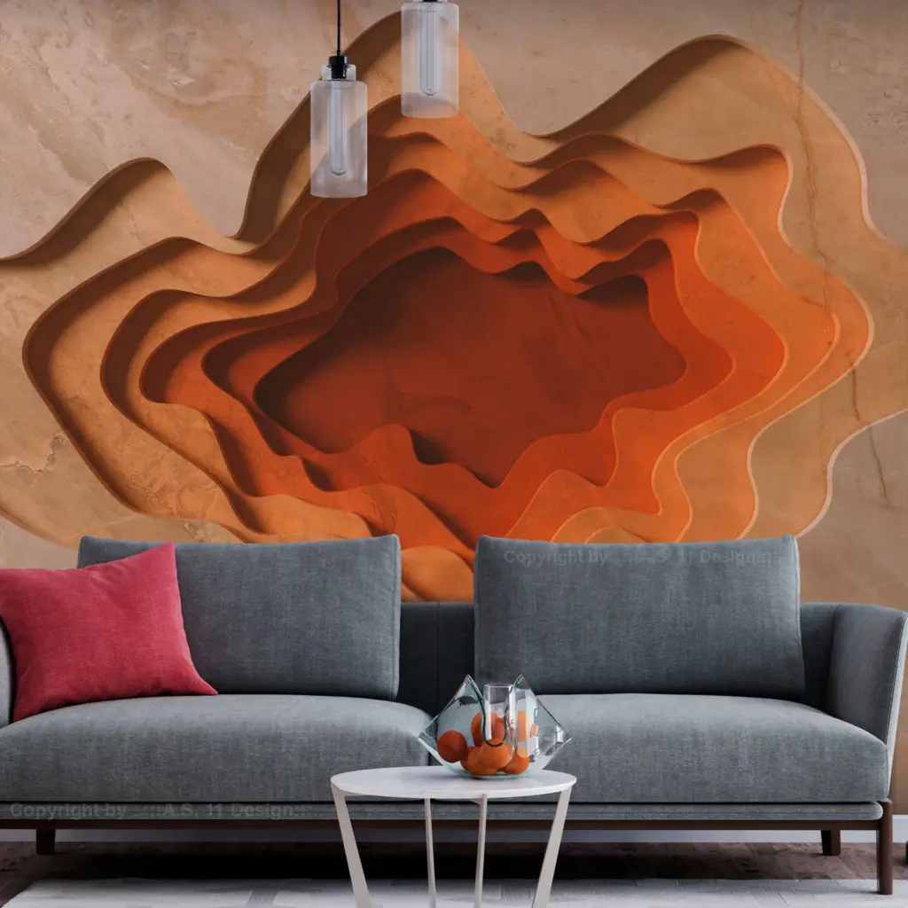 Warmtonige abstrakte Malerei in Orange- und Brauntönen über einem Sofa, moderne Acrylkunst, die eine gemütliche Innenraumstimmung schafft.