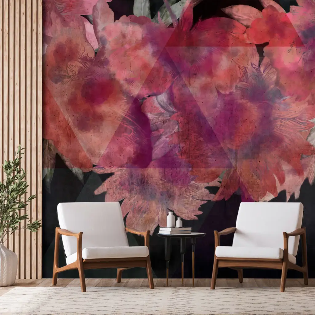 Ausdrucksstarkes abstraktes Gemälde in Pink und Rot, präsentiert in einem modernen Raum – lebendige Wandkunst für kreative Innenräume.
