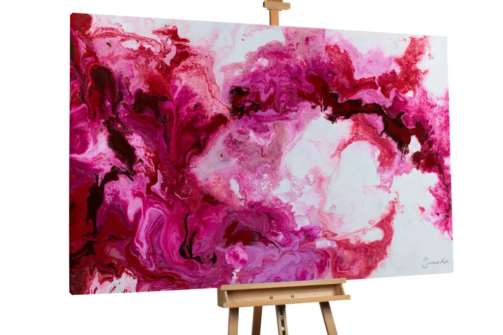 Lebhaftes, abstraktes Acrylgemälde in Pink mit ausdrucksstarken Pinselstrichen, auffällige moderne Wandkunst auf Leinwand.