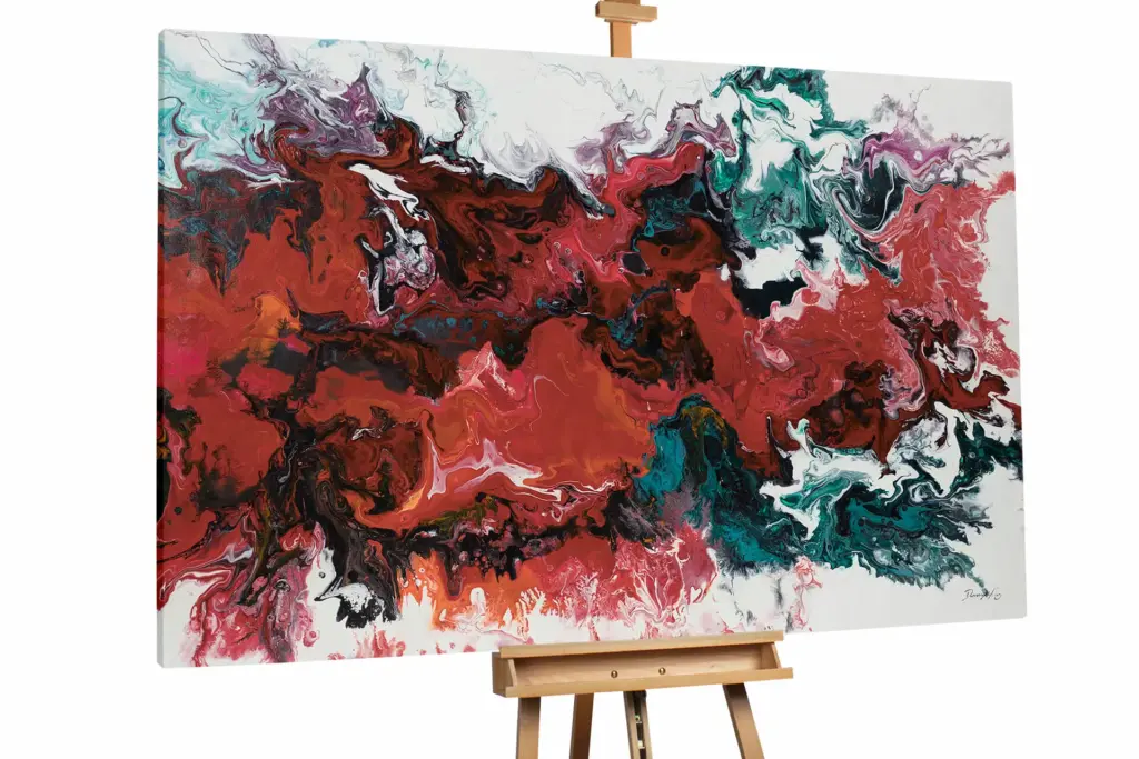 Rotes und schwarzes abstraktes Acrylgemälde mit dramatischen Texturen, auffälliges zeitgenössisches Kunstwerk für moderne Innenräume.