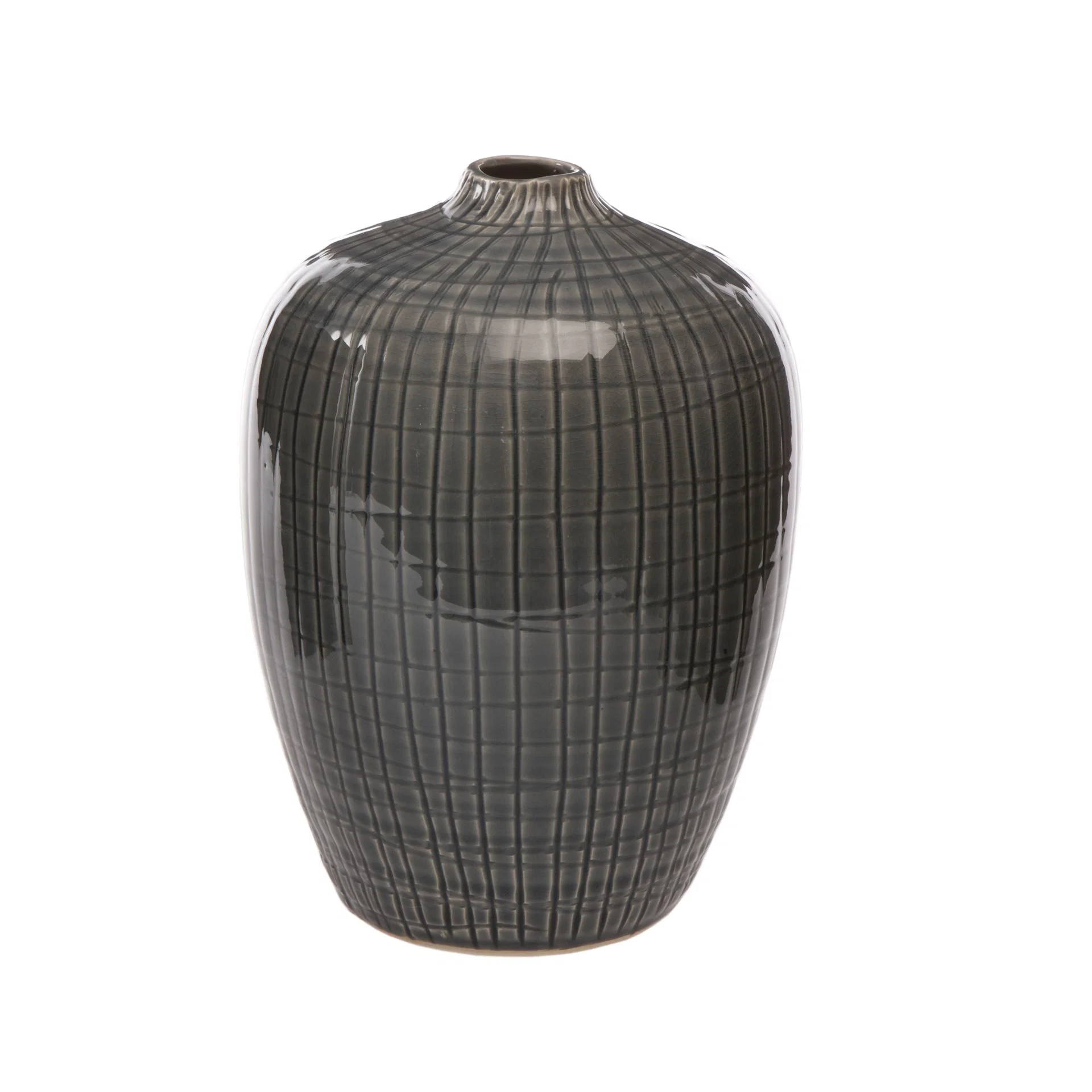 Eine glänzend graue, bauchige Keramikvase mit einem eingeprägten Gittermuster und einem schmalen Hals auf weißem Hintergrund.