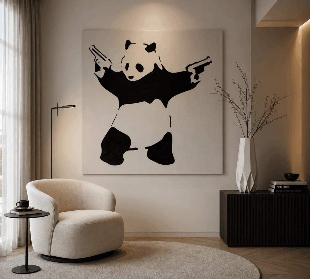 Eine Frontansicht eines minimalistischen Wohnzimmers mit einer Wandgestaltung in Form einer Panda-Schablone, einem cremefarbenen Drehsessel und einer weißen, geometrischen Vase auf einem dunklen Holzschrank.