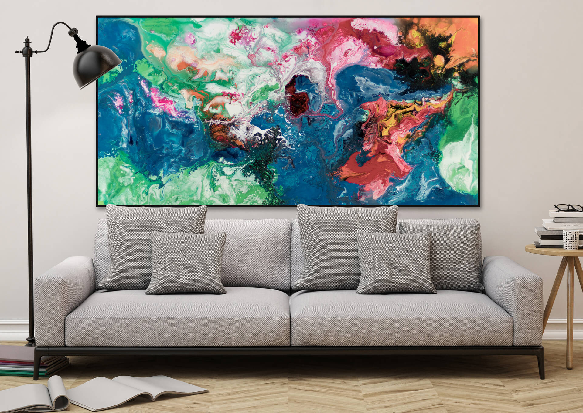 buntes Gemälde im Stil Fluid Painting über Sofa