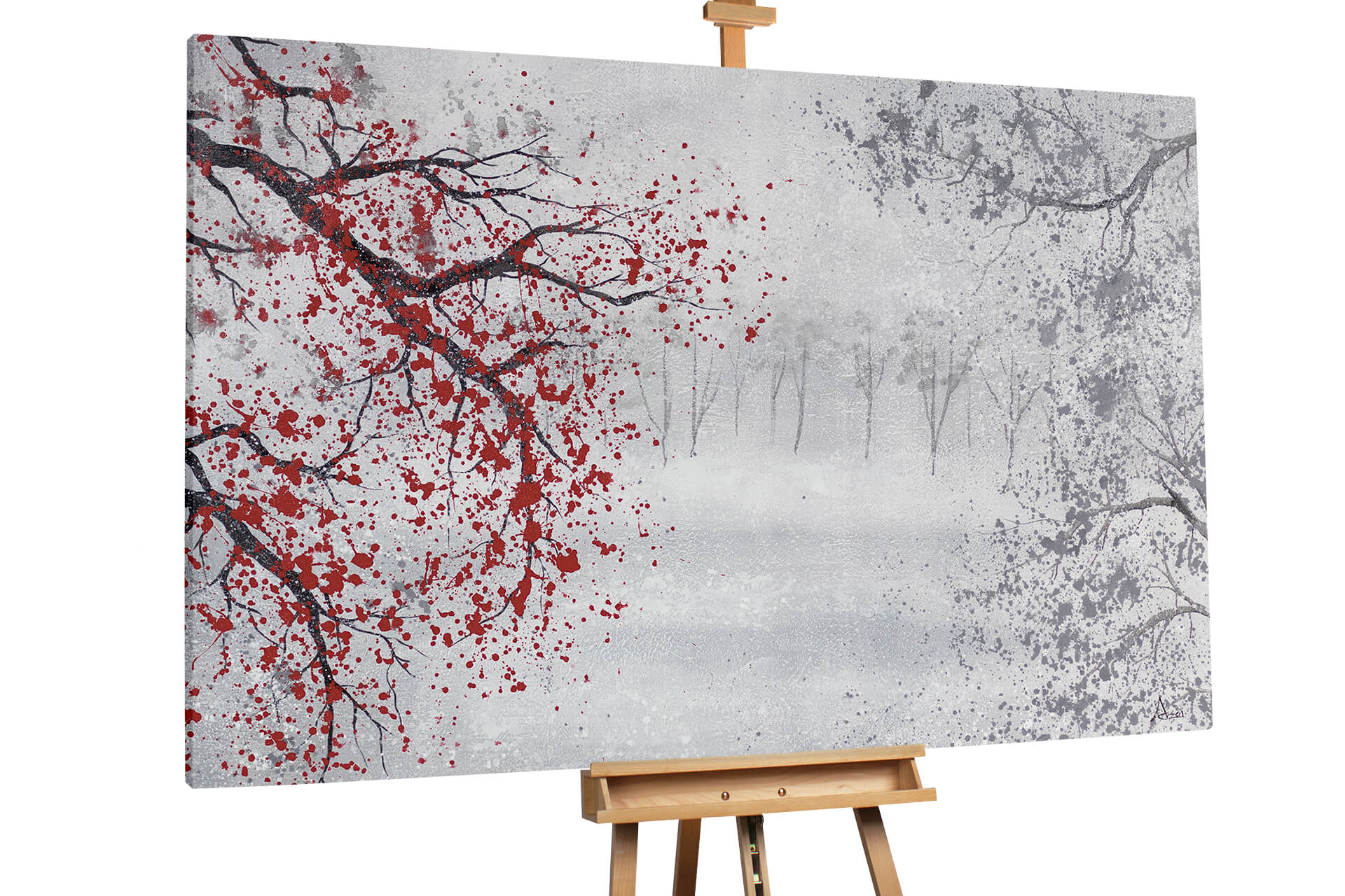 Gemälde handgemalt Bild Baum Landschaft Blüten Winter Schnee