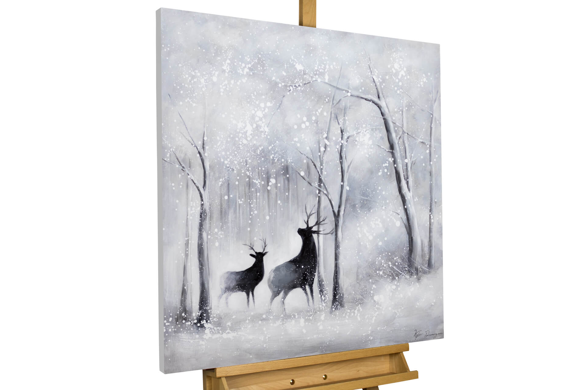 Gemälde handgemalt Bild Hirsche Winter Schnee Wald