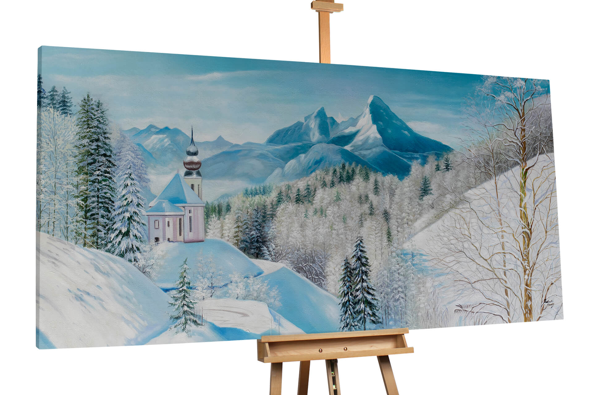 Bild Gemälde XXL Winter Berge Schnee Idylle handgemalt