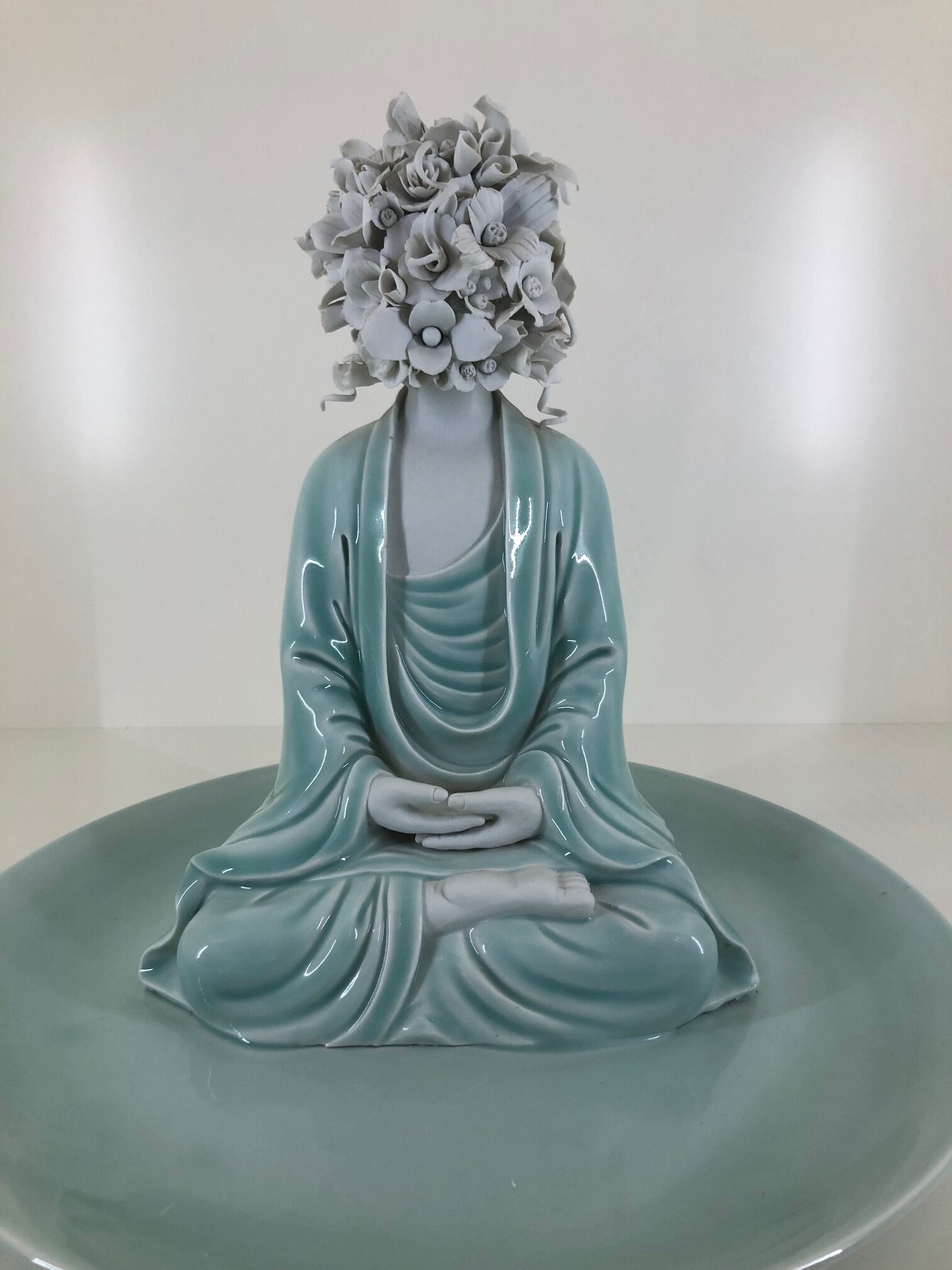 Bildhauerei Skulptur Blumen Statue Frau Yoga Meditation