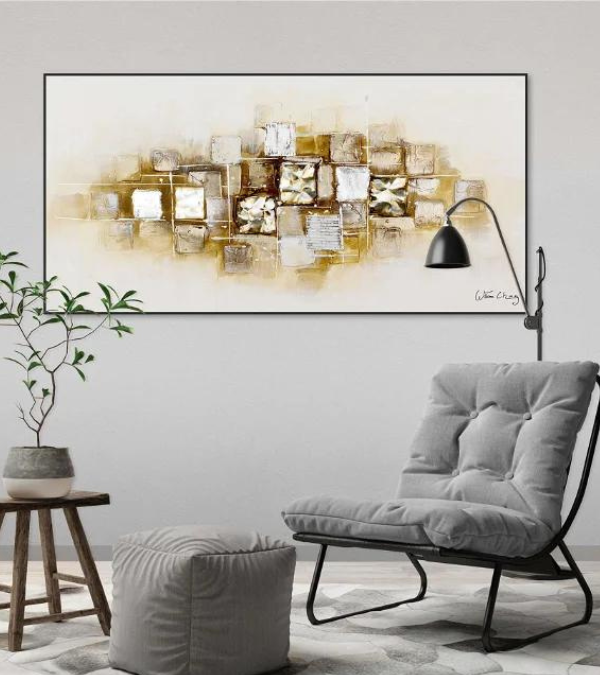 Ein handgemaltes Gemälde 'Slick as a Brick' mit grauer Couch und einer Bogenlampe