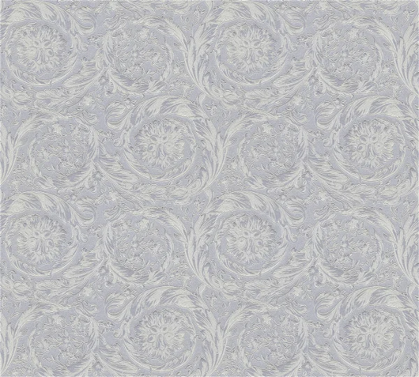eine graue und silberne Tapete mit floralem Muster