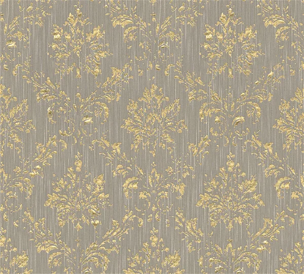 eine Tapete mit glänzendem Golddekor auf braunem Hintergrund